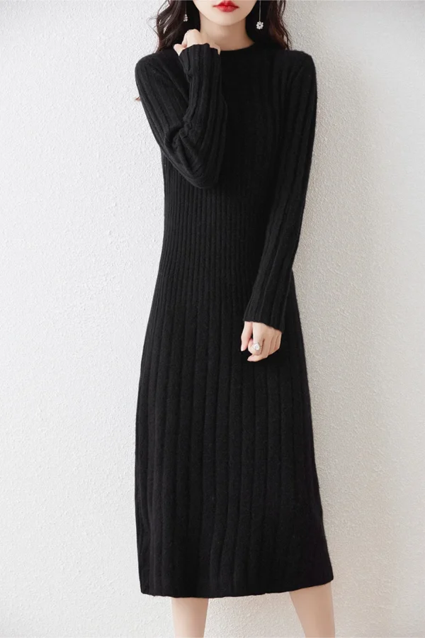 100% Merino Wool Long Sweater Dress Striped Pleated Skirt Pullover - Image 4