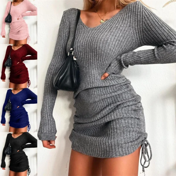 Sweater Dress V-neck Long Sleeved Slim Fit Pleated