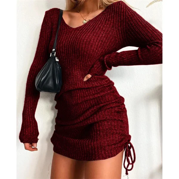 Sweater Dress V-neck Long Sleeved Slim Fit Pleated - Image 3