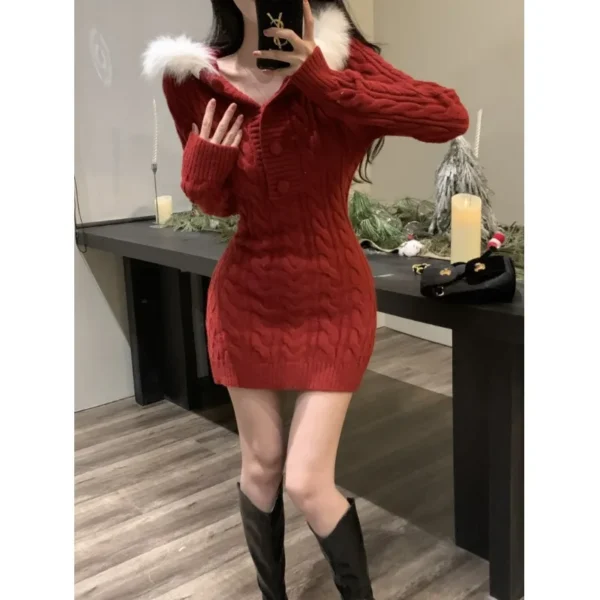 Sweater Dress: Fur Collar Solid Color Hip Dress - Image 4