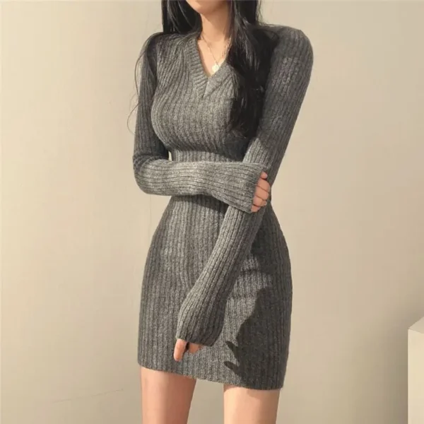 Sweater Dress V-Neck Long Sleeve Slim Fit Midi - Image 4