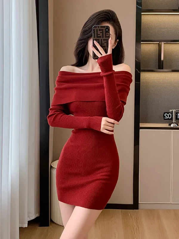 Red Off-Shoulder Sweater Dress for Women - Image 6