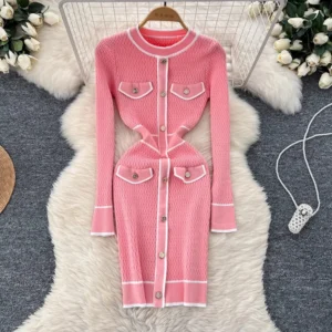YuooMuoo Women Dress 2025 O-neck Knitted Sweater Bodycon Mini