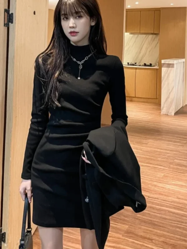 Sweater Dress Black Turtleneck Long Sleeve Bodycon Mini