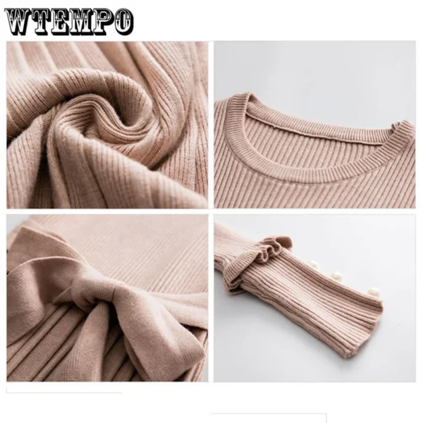 Sweater Dress Slim Belted Long Sleeve Pleated Women - Image 6