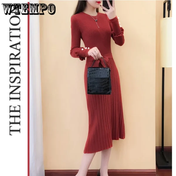 Sweater Dress Slim Belted Long Sleeve Pleated Women - Image 3