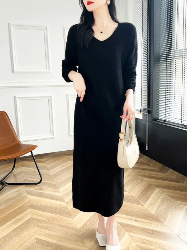Sweater Dress: 100% Merino Wool V-Neck Long Dress - Image 2