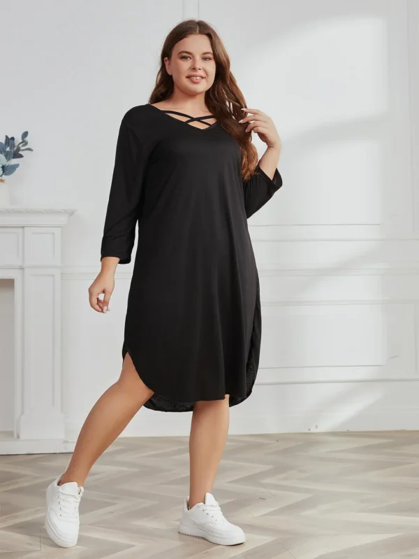 Sweater Dress Plus Size V-Neck Side Split Casual - Image 3