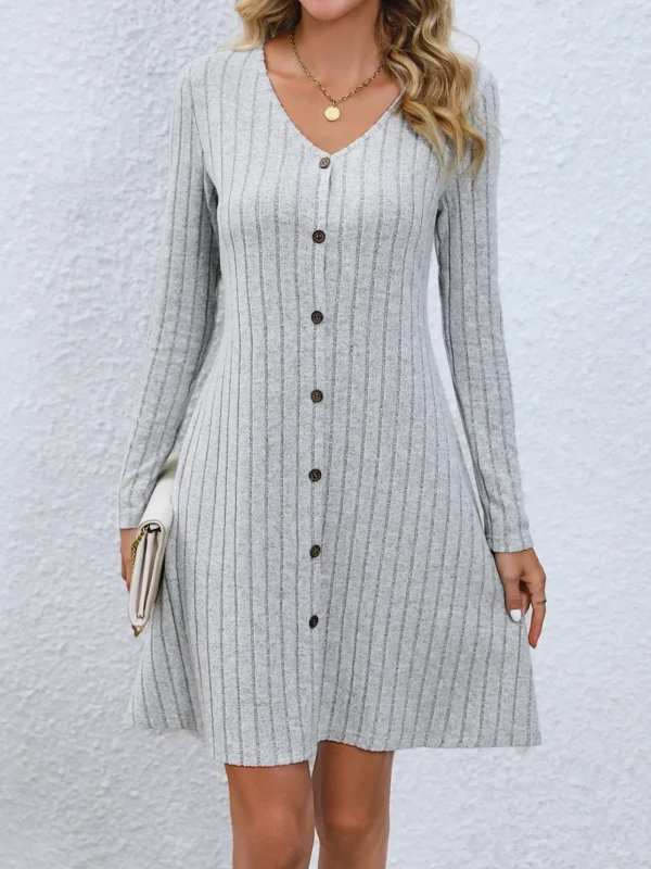 Fashion Ribbed Knitted Button Mini A-Line Autumn Streetwear Lady Dress - Image 3