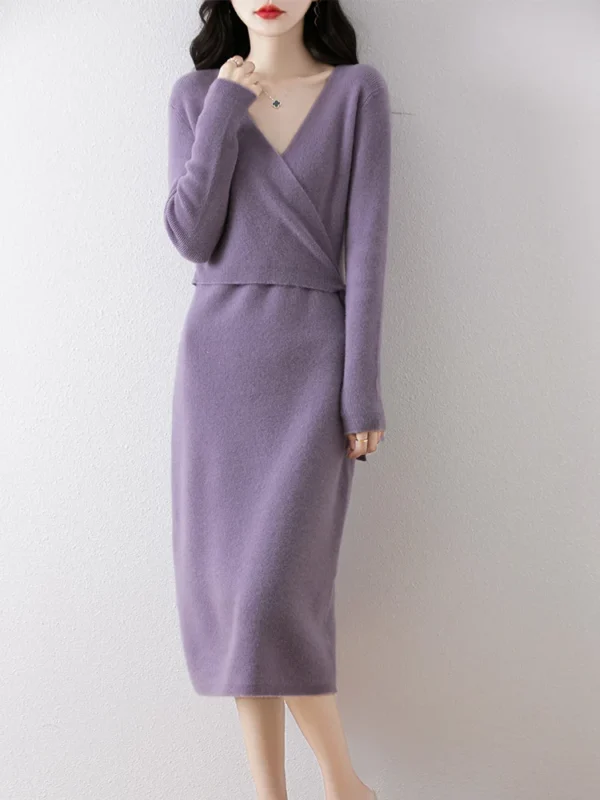 Sweater Dress: V-neck Lace-up Long Sleeve Wool Knit