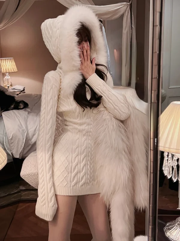2025 Winter Hooded Knitted Faux Fur Slim Bodycon Mini Dress Elegant Korean - Image 2