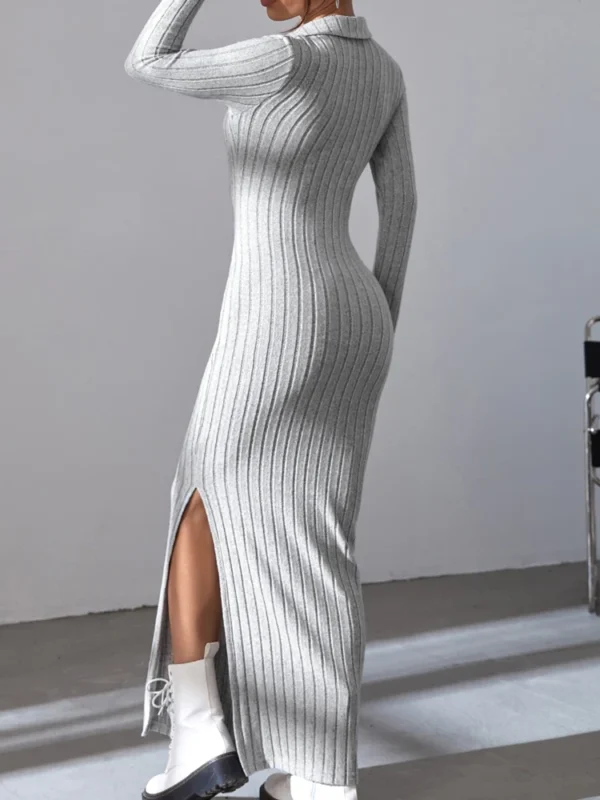 Sweater Dress V-Neck Full Sleeve Split Elastic Body - Image 5