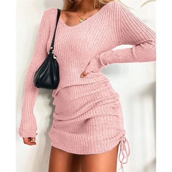 Sweater Dress V-neck Long Sleeved Slim Fit Pleated - Image 2