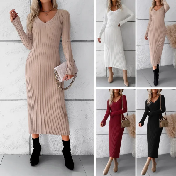 Sweater Dress: V-neck, Long Sleeve, Slim-fit
