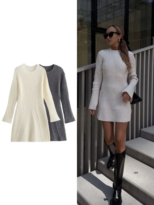 Sweater Dress: Ribbed Knit, Slim Fit Long Sleeve