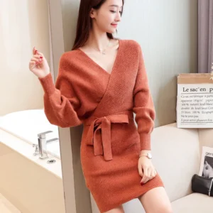 Cross V-Neck Tie Slim Knitted Long Sleeve Autumn Winter Sweater Dress