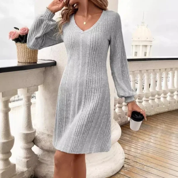 Sweater Dress: V-neck Slim Fit Knee Length