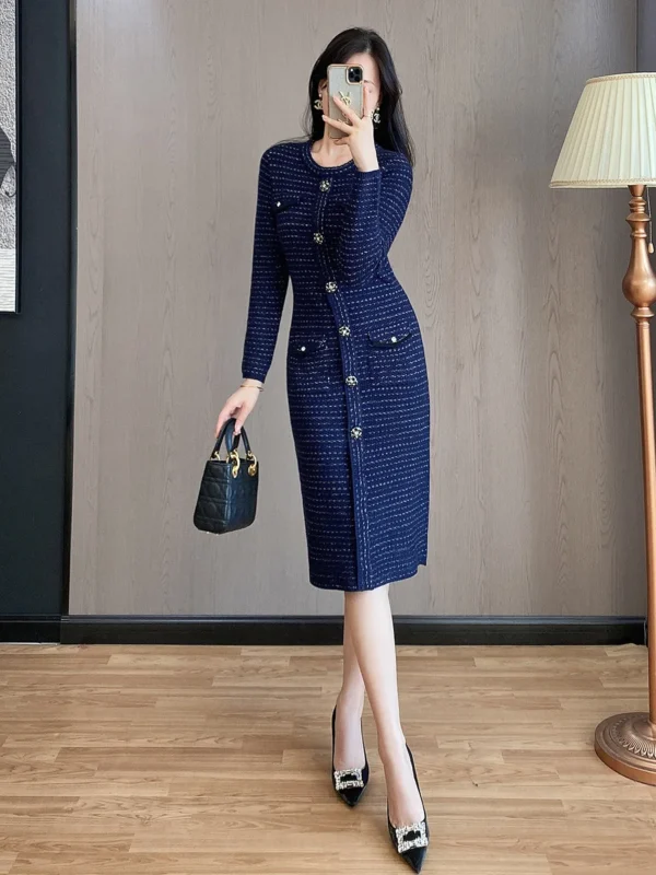 Sweater Dress Women Striped Knitted Long Sleeve - Image 4