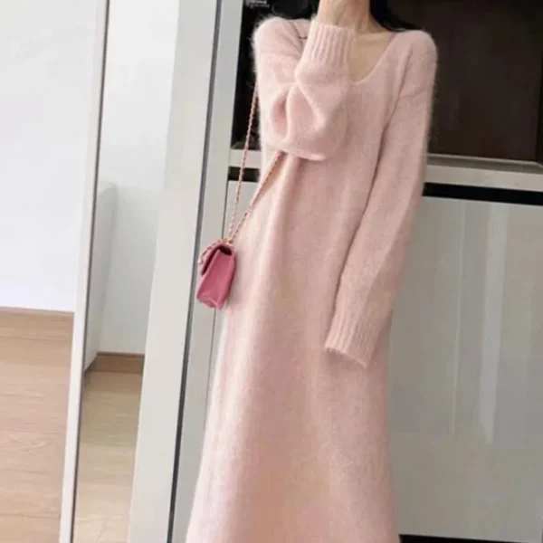 Long Sleeve Sweater Dress Round Neck Loose Knit - Image 2
