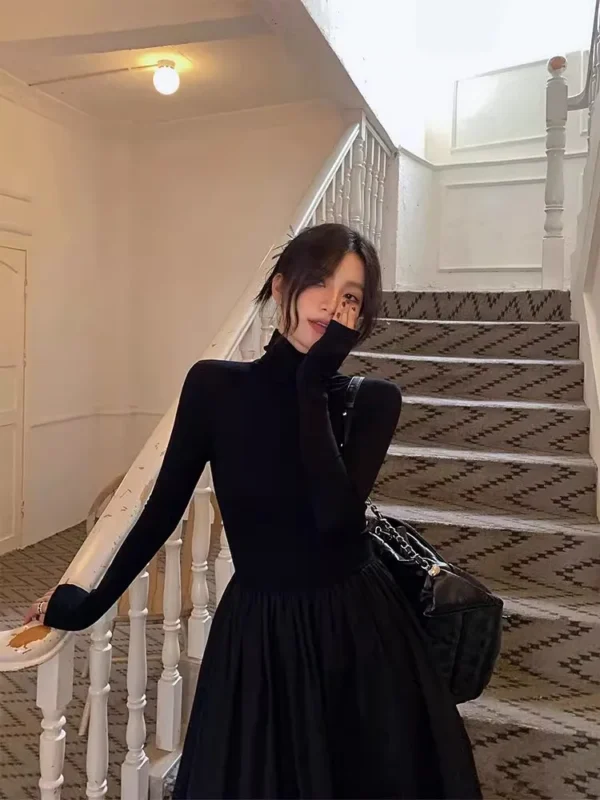 Sweater Dress Black Slim Fit Elegant Long Dress - Image 3