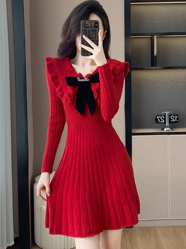 Women Red Knitted Ruffled Bow Doll Collar Elegant Vintage Sweater Dress - Image 6