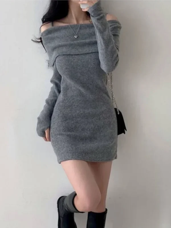 Sweater Dress Off Shoulder Suspender Slim Fit Mini Dress - Image 4