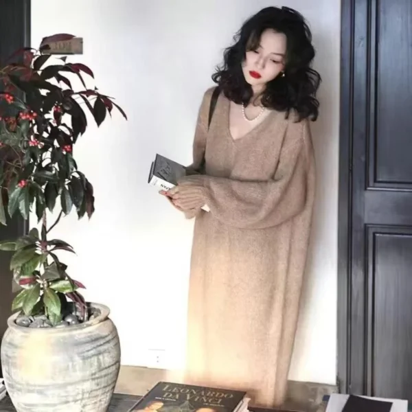 Long Sleeve Sweater Dress Round Neck Loose Knit - Image 4
