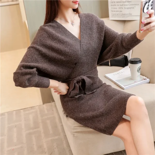 Cross V-Neck Tie Slim Knitted Long Sleeve Autumn Winter Sweater Dress - Image 4
