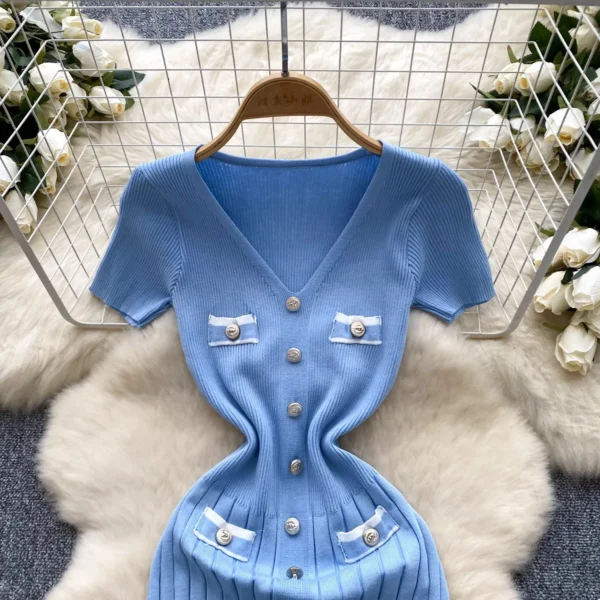 Sweater Dress V-neck, Short Sleeve, Bodycon, Pleated - Image 5