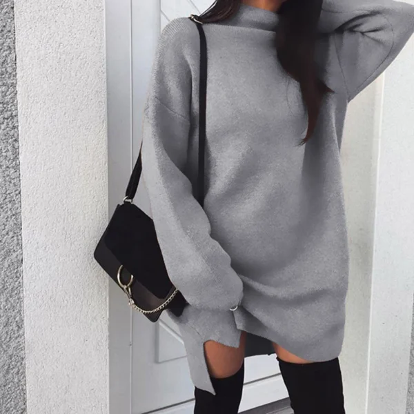 Sweater Dress: Fleece High Neck, Side Slit - Image 5