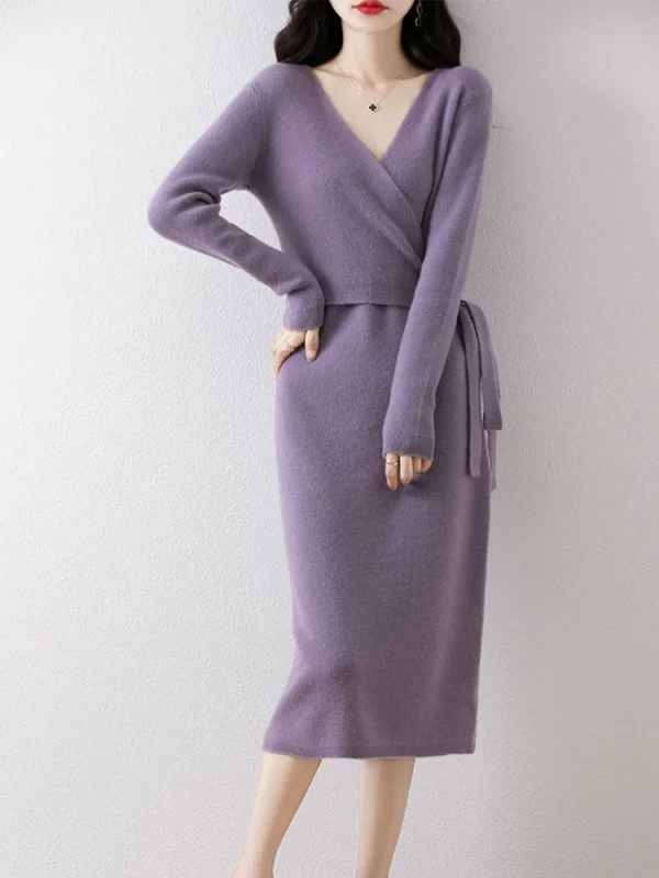 Sweater Dress: V-neck Lace-up Long Sleeve Wool Knit - Image 2
