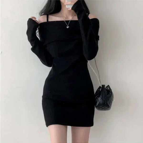 Sweater Dress Off Shoulder Suspender Slim Fit Mini Dress