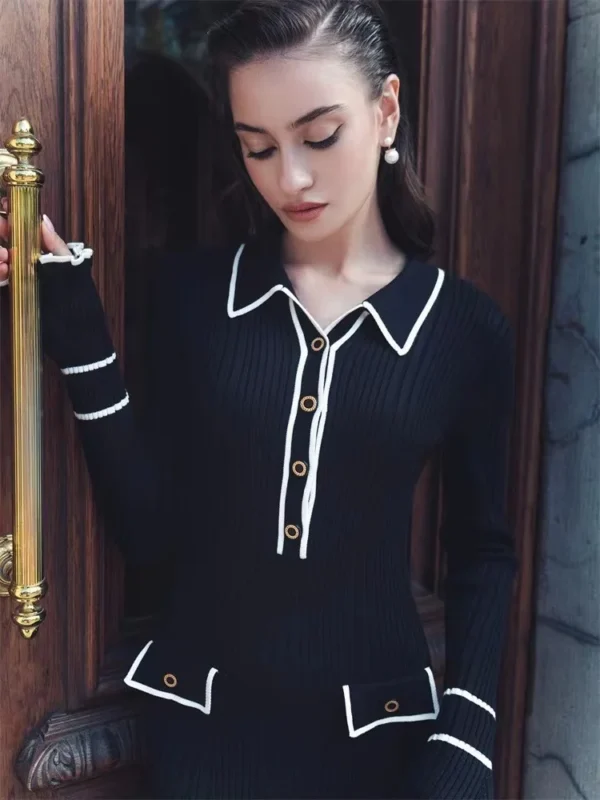 Sweater Dress High Waist Ruffles Turn-Down Collar - Image 6