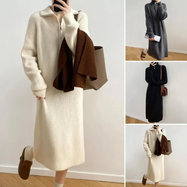 Sweater Dress Knitted Midi with Zippered Collar