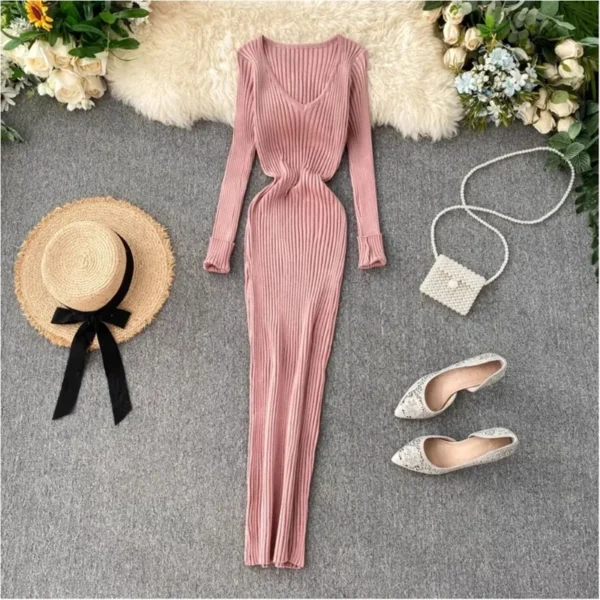Sweater Dress V Neck Long Sleeve Slim Fit - Image 5