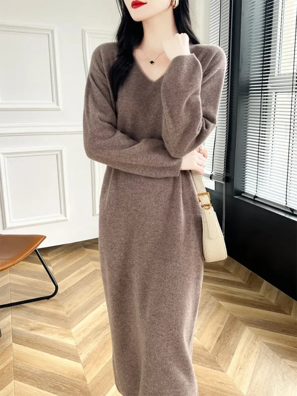 Sweater Dress: 100% Merino Wool V-Neck Long Dress