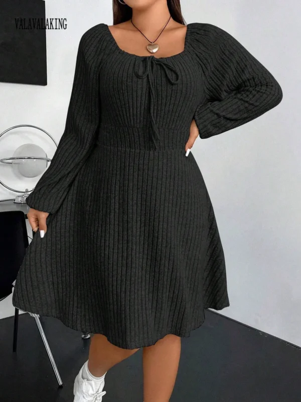 Sweater Dress Winter Black Plus Size Pleated Long Sleeve - Image 2