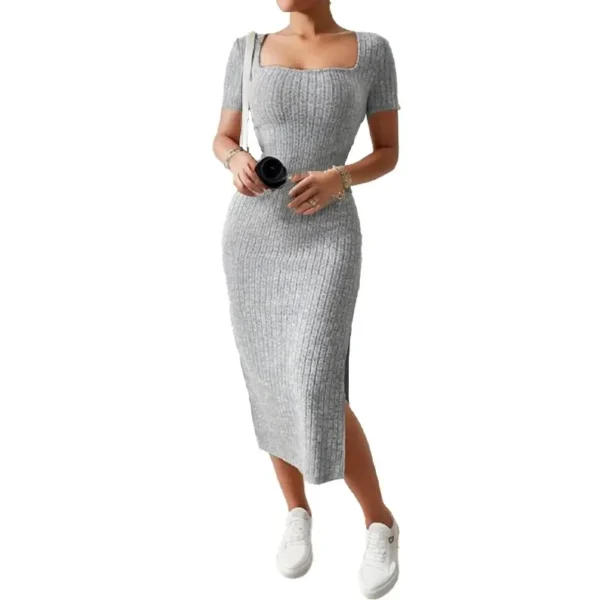 Sweater Dress: Short Sleeve Bodycon Ribbed Knit Midi Dress