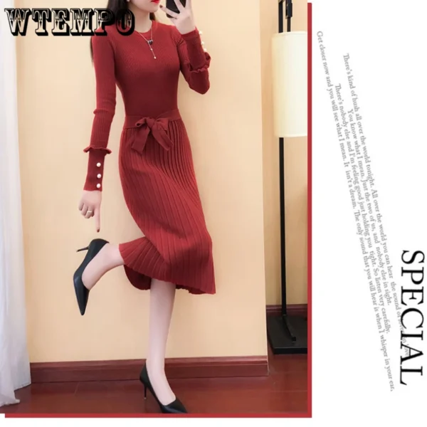 Sweater Dress Slim Belted Long Sleeve Pleated Women - Image 4