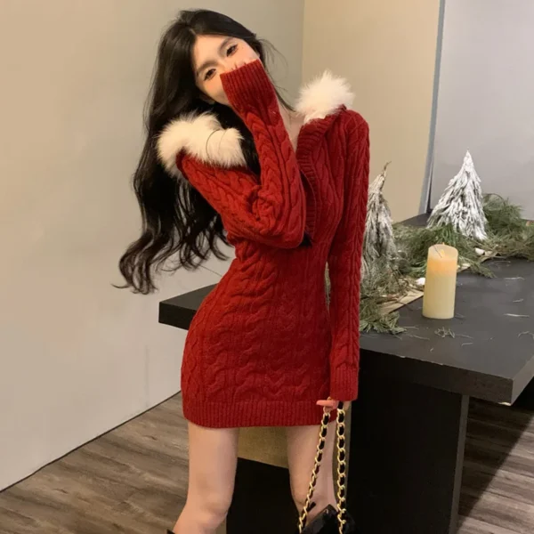 Sweater Dress: Fur Collar Solid Color Hip Dress