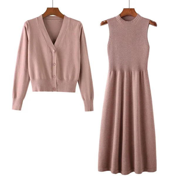 Sweater Dress with Loose Knit Cardigan & Woolen Skirt