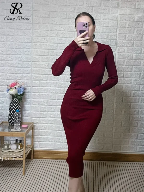 Sweater Dress: French Vintage, Lapel, Bodycon - Image 6