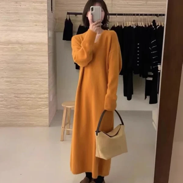 Long Sleeve Sweater Dress Round Neck Loose Knit