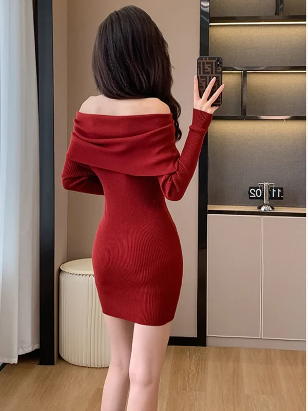 Red Off-Shoulder Sweater Dress for Women - Image 3