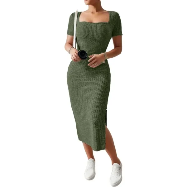 Sweater Dress: Short Sleeve Bodycon Ribbed Knit Midi Dress - Image 3