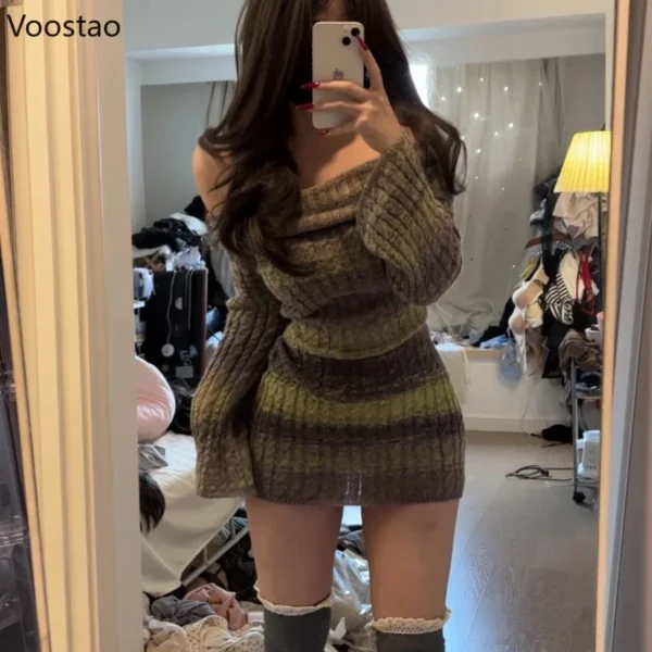 Spicy Girls Off Shoulder Striped Knit Dress Women Long Sleeve Fashion - Image 3