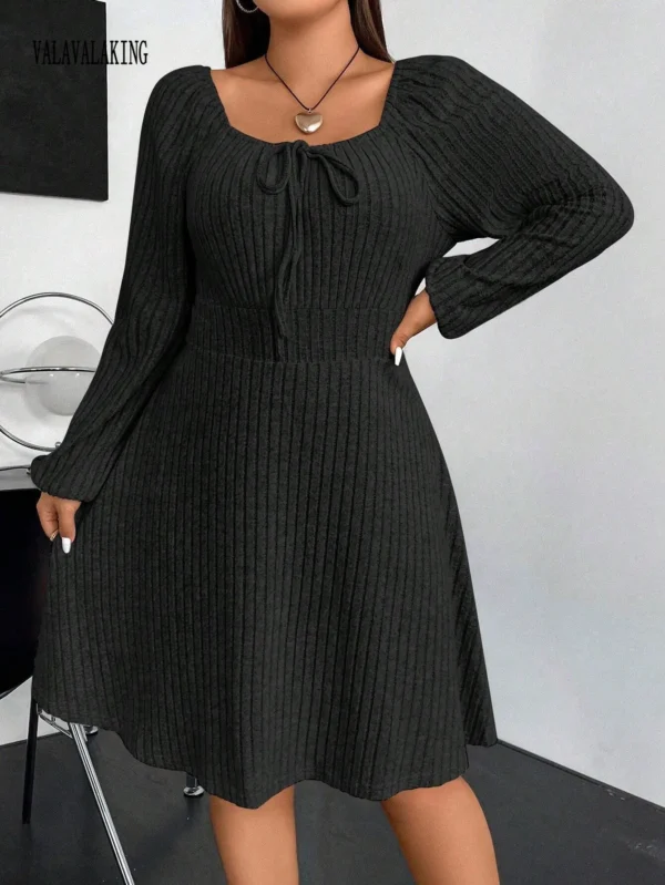 Sweater Dress Winter Black Plus Size Pleated Long Sleeve