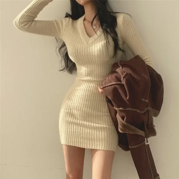 Sweater Dress V-Neck Long Sleeve Slim Fit Midi - Image 2